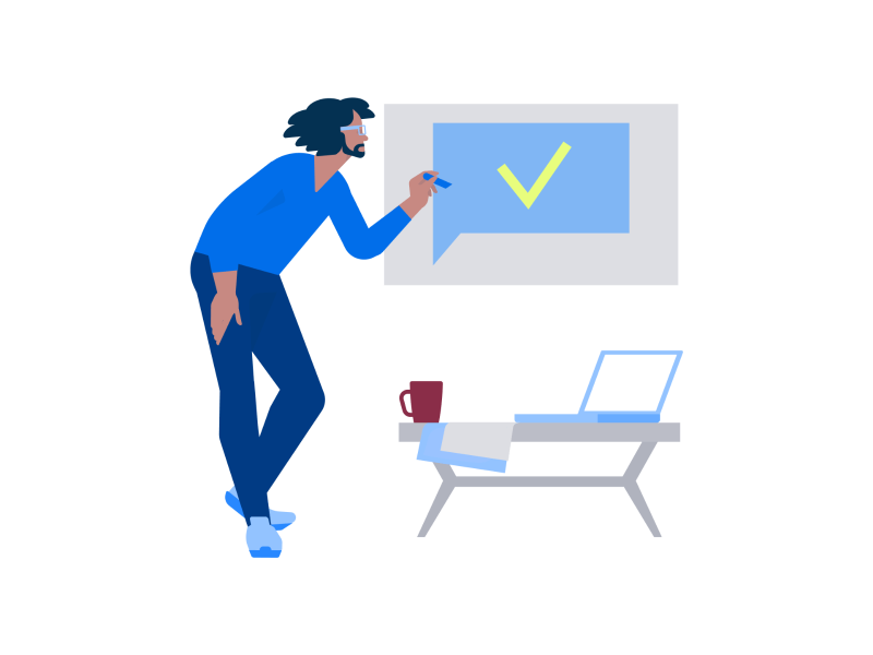 Illustration Selbstlernkurse; ein Mann hackt etwas auf einem großen Bildschirm ab