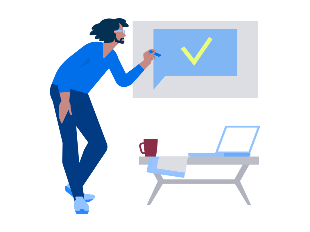 Illustration Digitale Weiterbildung Selbstlernkurse, ein Mann schreibt auf einer großen Tafel mit einem grünen Haken