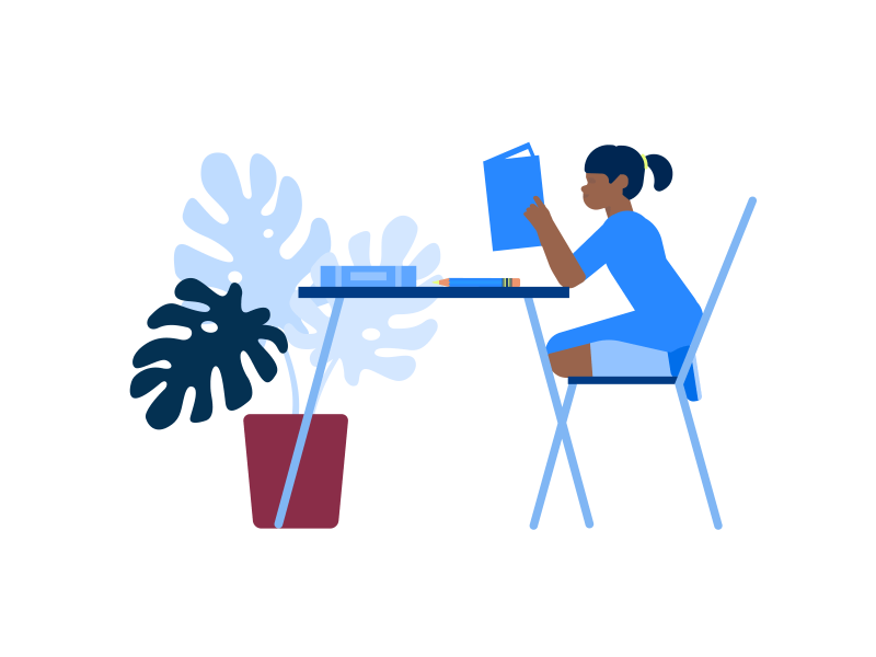 eine Schülerin sitzt an einem Tisch mit Lernmaterialien und einem DaZ Lehrwerk in der Hand