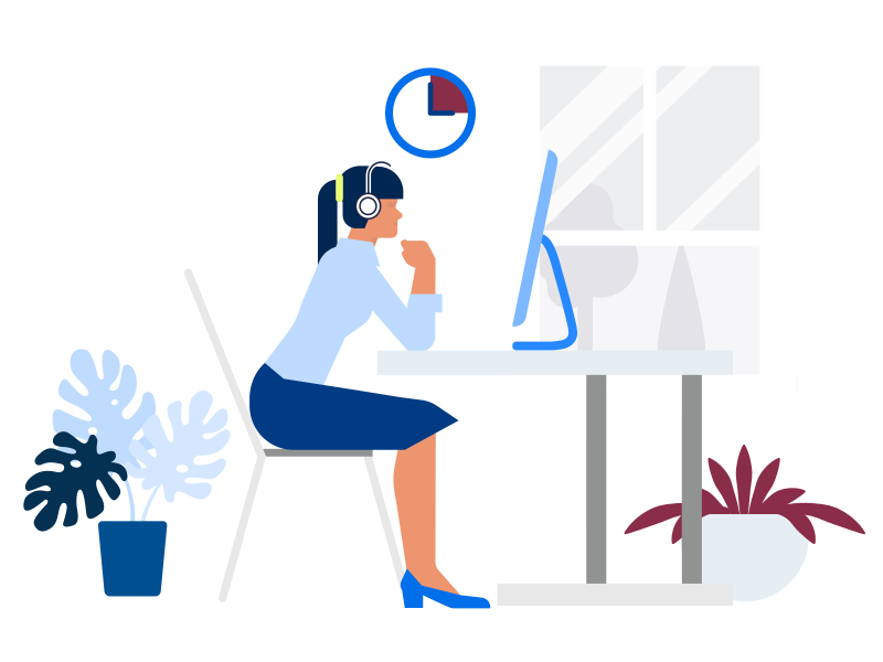Illustration Weiterbildungsangebote, eine Frau mit Kopfhörern sitzt vor einem Computer und über ihr hängt eine Uhr