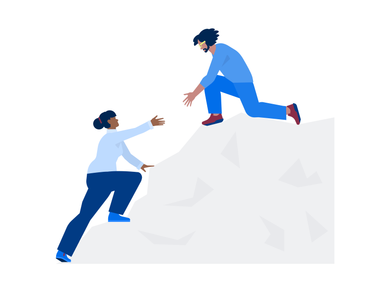 eine Person hilft einer anderen Person einen Berg hinaufzuklettern und streckt eine Hand aus