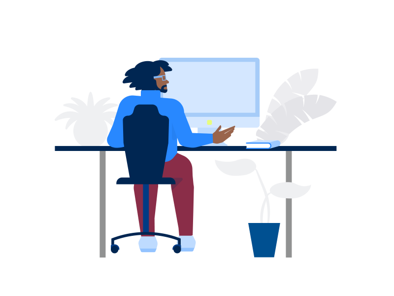 Illustration Themenbereiche ein Pädagoge sitzt an einem Schreibtisch mit einem Computer