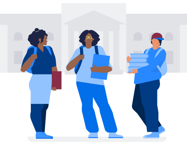 Illustration Bildungsgerechtigkeit drei Schüler*innen stehen vor einer Schule