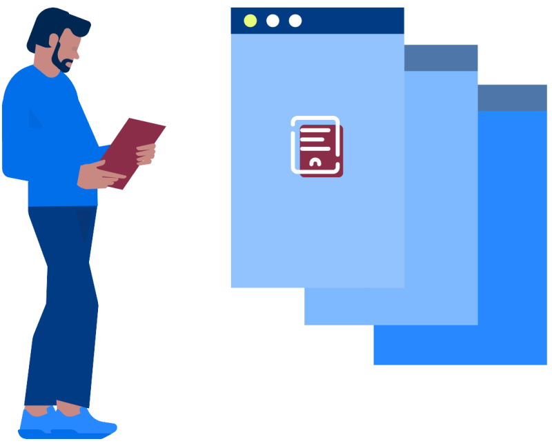 Illustration Newsletter ein Mann sieht auf sein Tablet, neben ihm erscheinen Internettabs mit einem Download Button